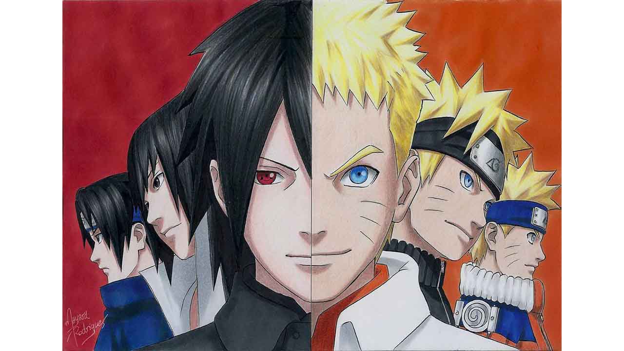 Desenhando /Drawing NARUTO vs SASUKE anime PRETO e BRANCO 